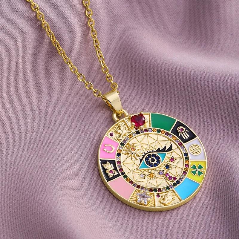 Turkish Lucky Evil Eye Necklace Men Women Gold Color Enamel Drip Oil CZ Pendant Fashion Stainless Steel Chain Necklace Jewelry