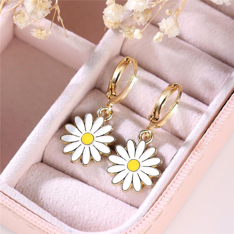 Dainty Gold Color Daisy Sunflower Hoop Earrings for Women Simple Dangling with… More