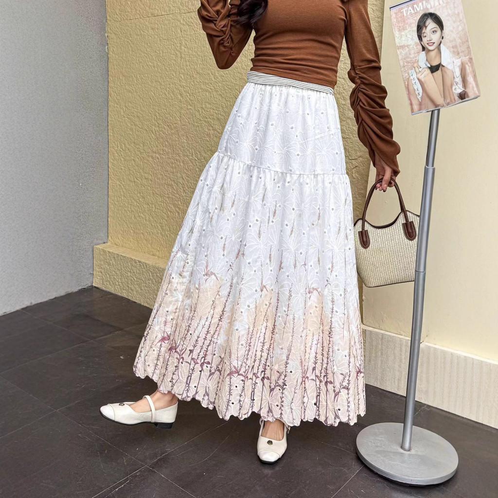Qooth Embroidered A-Line Maxi Skirt French Romantic Floral Print QT2852