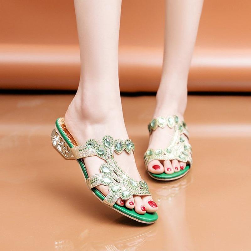 Women's Rhinestone Chunky-Heel Slide Sandals, Sexy Outdoor Casual Footwear, Anti-Slip Korean Style.