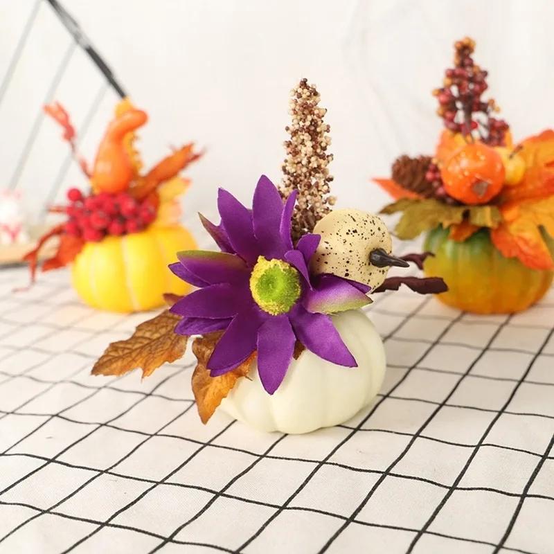 Artificial Halloween Pumpkin Maple Leaves Ornament Potted Fall Harvest Thanksgiving Decorations Miniatures Figurines