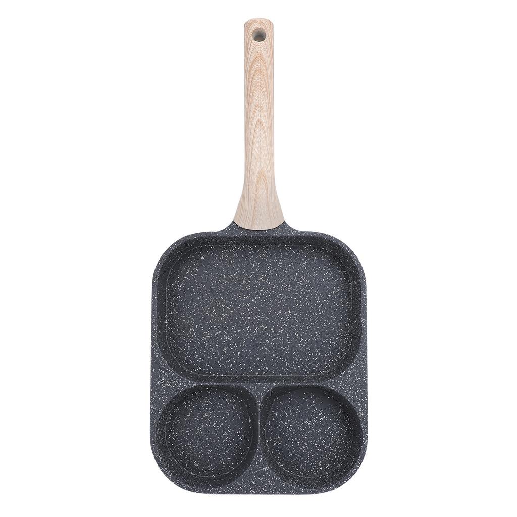 Egg Frying Pan 3 Section Stick Proof Flat Bottom Breakfast Cooking Pan with Heat Resistant Handle for Steak Omelette Black