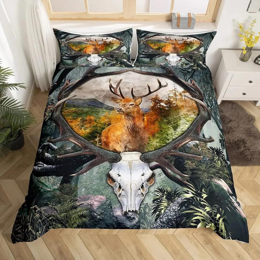 Deer Skull Rose Flowers And Feathers Duvet Cover Set Boho Dreamcatcher Bedding Sets With Floral Skull Head Comforter Cover Set