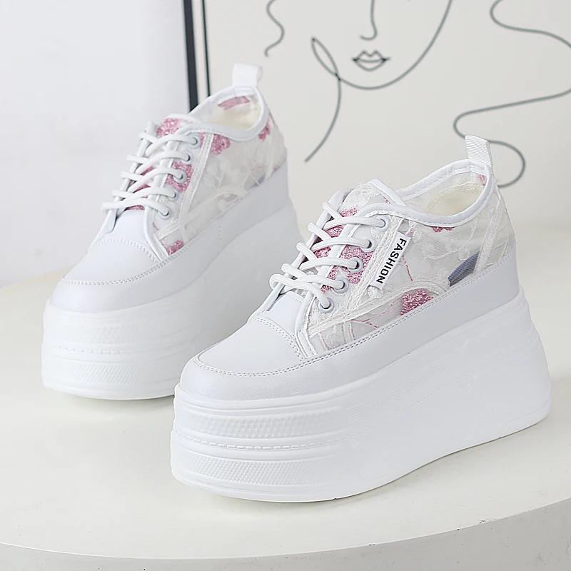 Mode 12CM Pantoletten Damen Sommerschuhe Plateau Mode Sandalen Sneakers Schnürung Plateau Keil Echtleder Air Mesh Hausschuhe