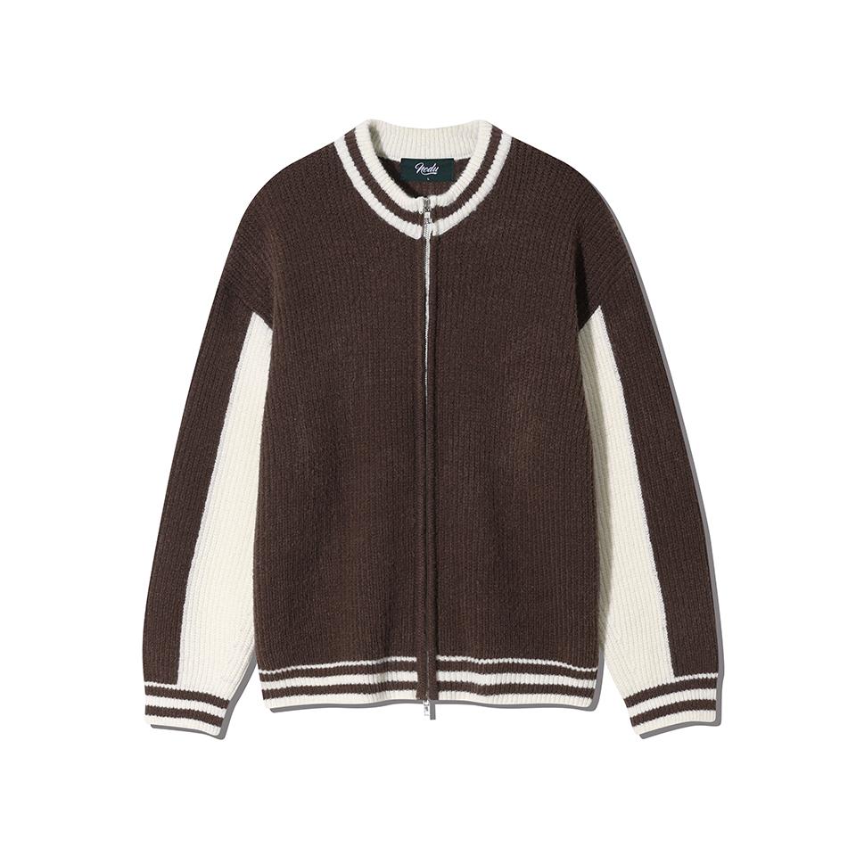 NODU Varsity Color Block Two-Way Round Zip-Up Knit Jacket [Brown]