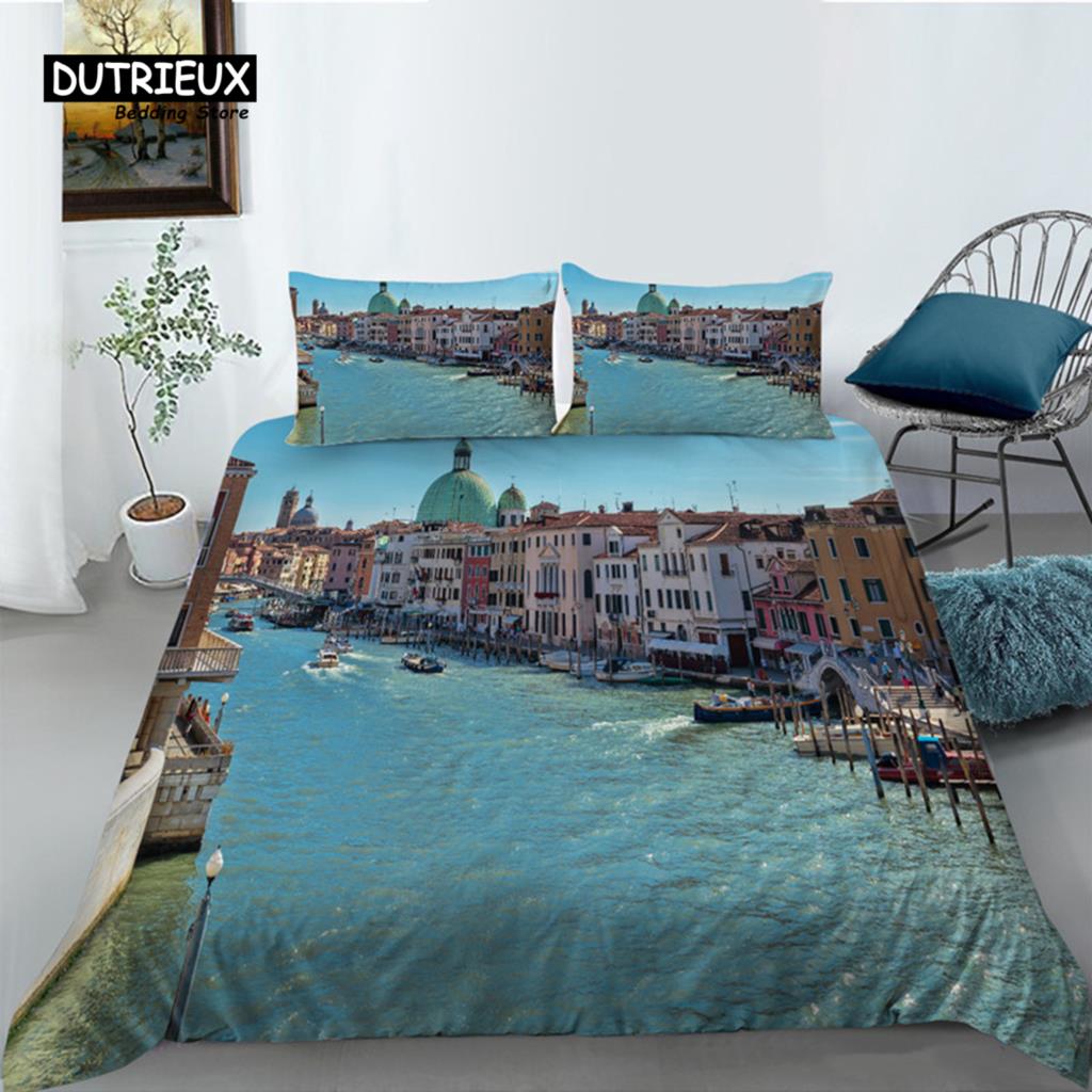 Eiffel Tower Duvet Cover Modern French Paris Cityscape Bedding Set 3D Europe Building Comforter Cover King For Kids Adults Decor