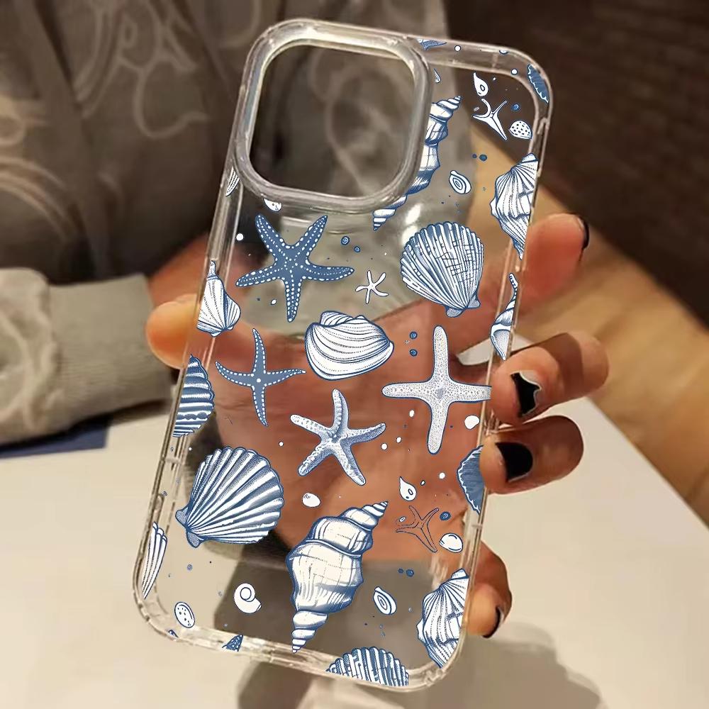Blue Starfish Seashell Pattern Clear Phone Case For iPhone 17 16 15 14 13 12 11 Pro Max Air 15 Plus 16E Silicone Soft Cover iPhone 16 Plus чистый