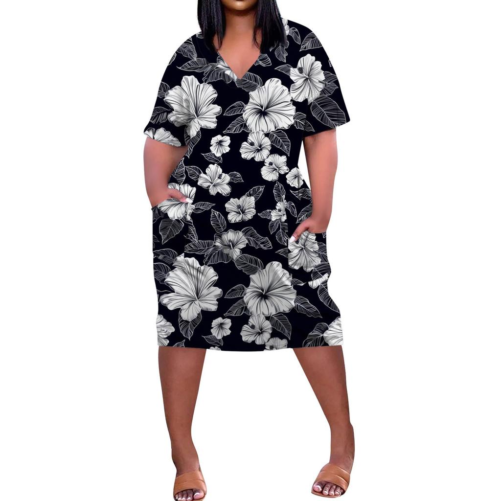 Summer Plus Size V Neck Short Sleeve Knee Pocket  Print Casual Dress For Women