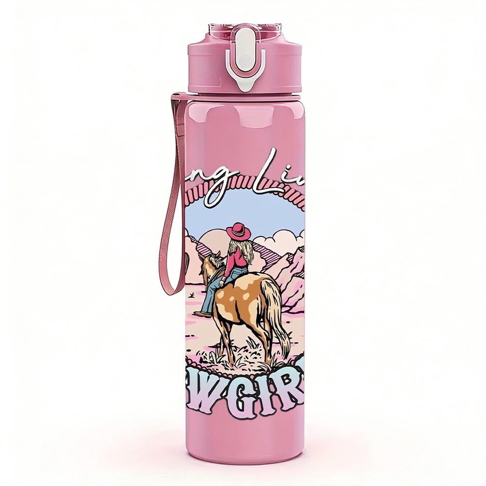 1PC Cowboy Circular Badge Vintage Pattern 750ml Color Plastic Sports Water Bottle Leakproof Flip Straw Lid Suitable for Sports Office Home Use