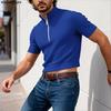 Summer Men Zip-up Neck Short Sleeve Rib Casual Cropped T-shirts Tops