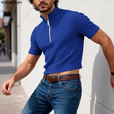 Sommer Herren Reißverschluss Hals Kurzarm Gerippt Lässig Cropped T-Shirts Tops