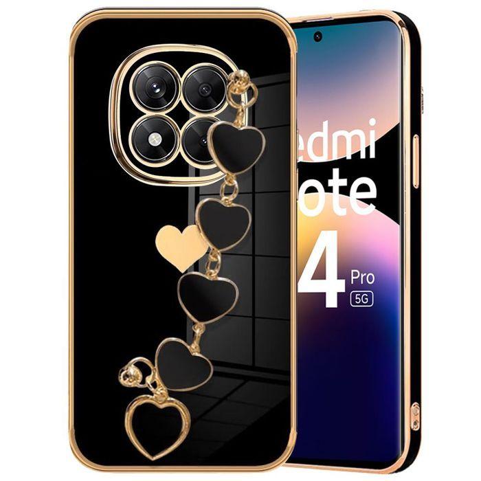Coque pour Xiaomi Redmi Note 14 Pro 5G (pas pour 4G) Protection Silicone avec Bracelet Cœur - Noir