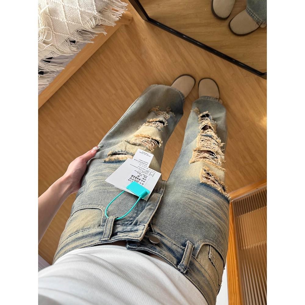 Women's High Waist Distressed Ripped Jeans Straight Wide Leg Baggy Denim Pants