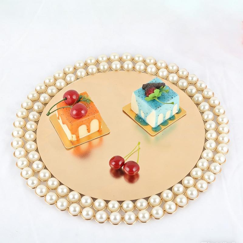 Round Pearl Beaded Dinner Plate Golden Metal Edge Storage Tray Used for Wedding Party Cake Dessert Decoration Storage Tray