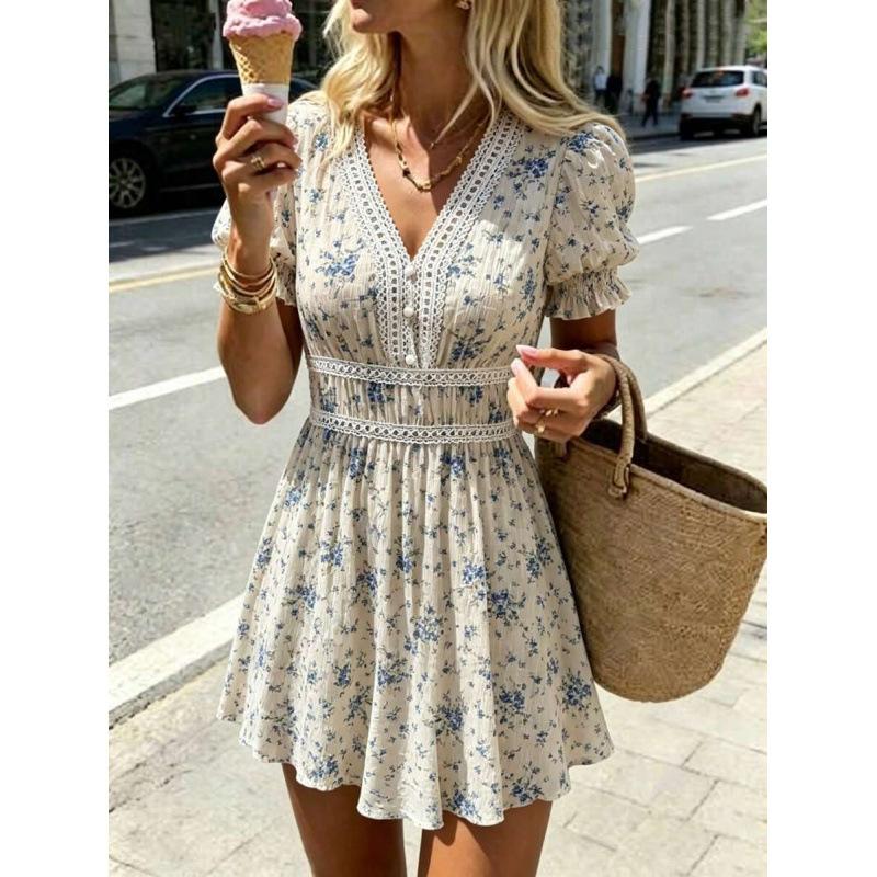 European summer new French bubble sleeves floral V-neck lace splicing waist dress women S