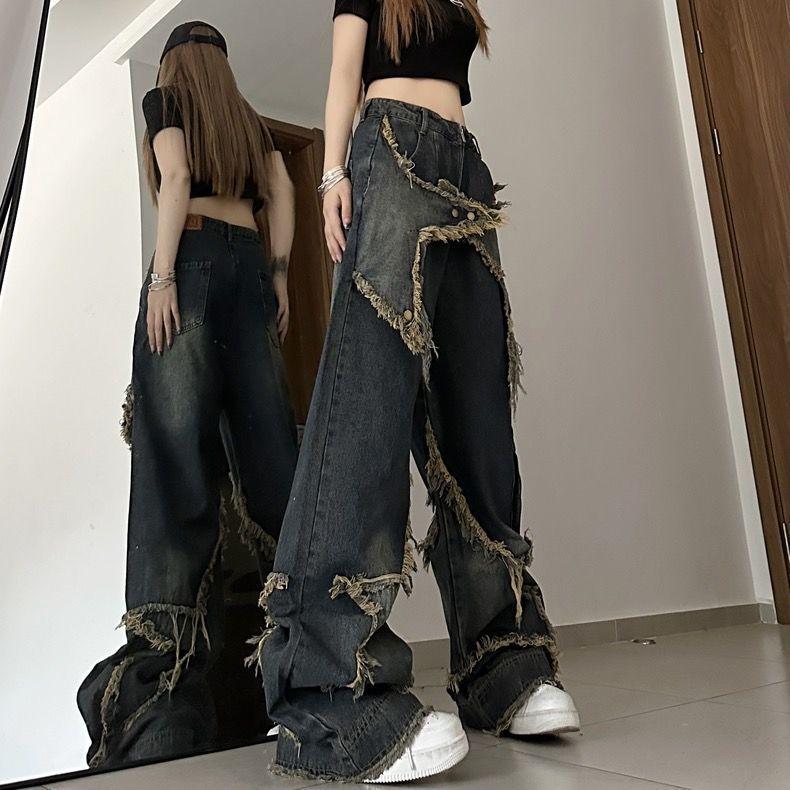 Vintage High Street Wide Leg Jeans American Retro Style Loose Fit Denim Pants Women Spring Summer