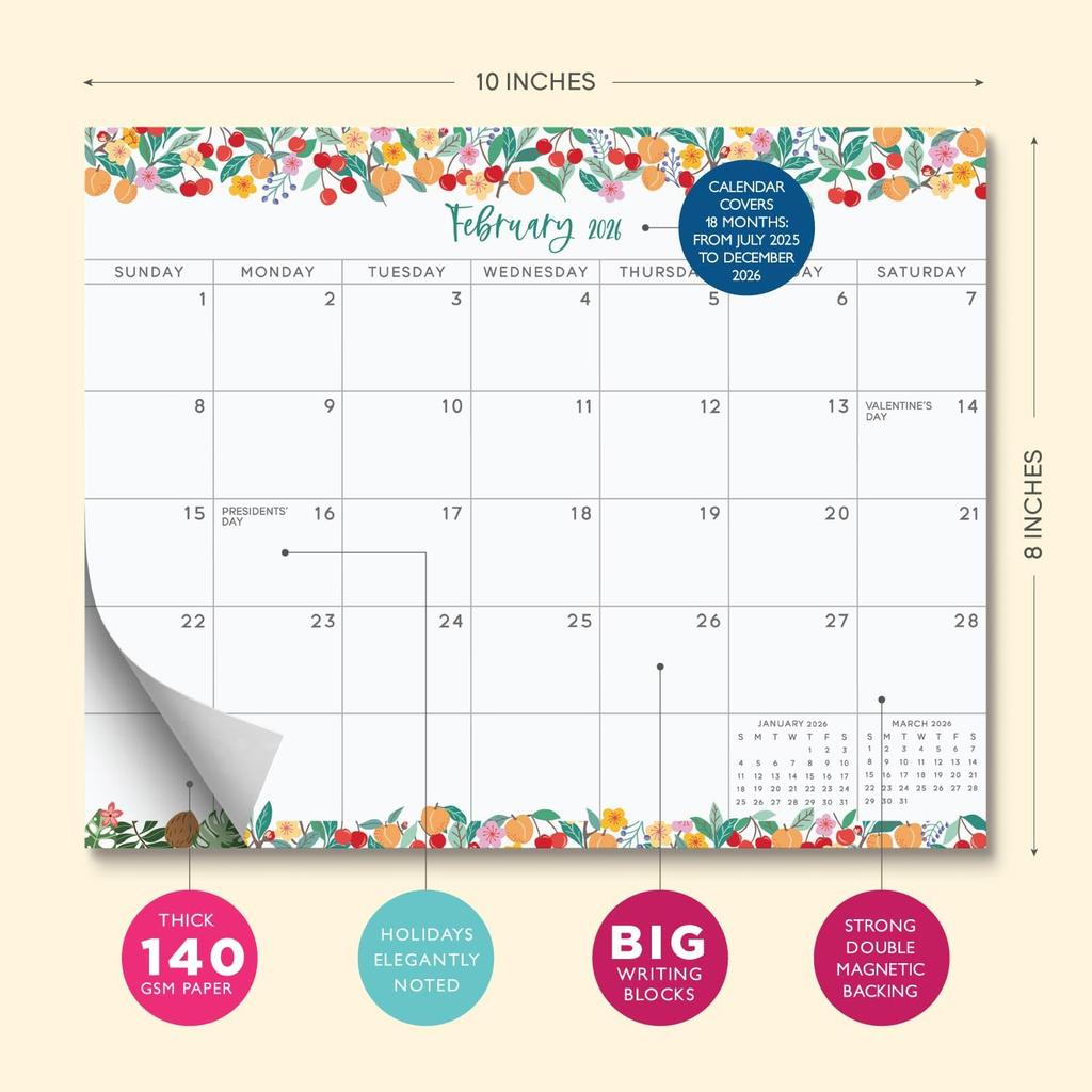 S&O Fruity Magnetic Fridge Calendar from July 2025-Dec 2026 - Tear-Off Refrigerator Calendar to Track Events & Appointments - 18 Month Magnetic