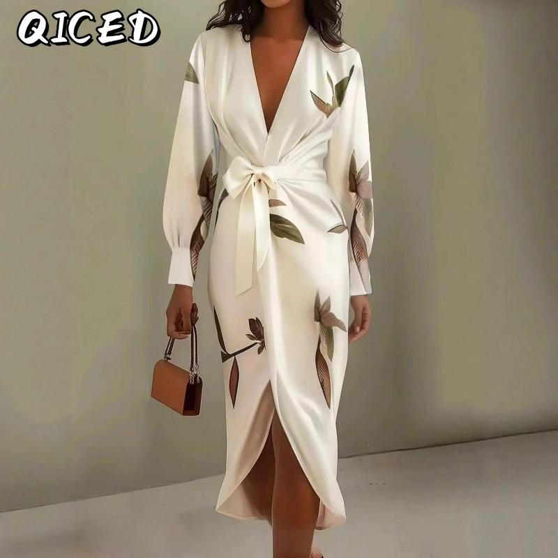 QICED Damesmode Herfst Winter Lange Mouw V-hals Casual Jurken