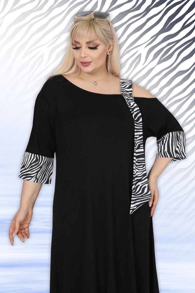 Damen Übergröße Kleid Plus Size Asymmetrischer Schnitt Viskose Lycra Kleid mit Zebramuster und Schulterdetail