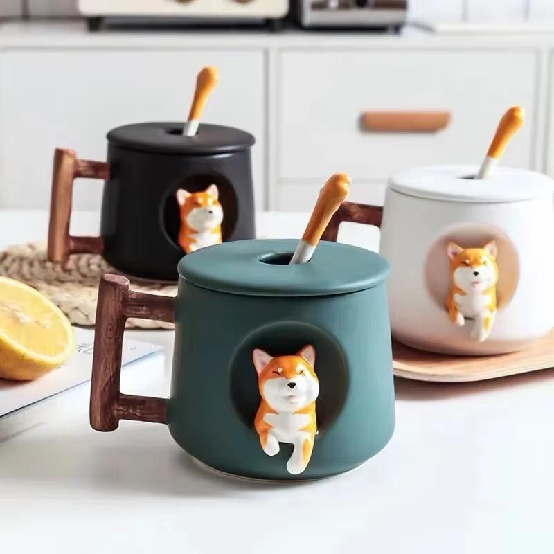 420ml Shiba Inu Pattern Ceramic Coffee Mug Cute 3D Design with Lid Spoon Cartoon Milk Tea Cup for Girls Creative Breakfast Gift