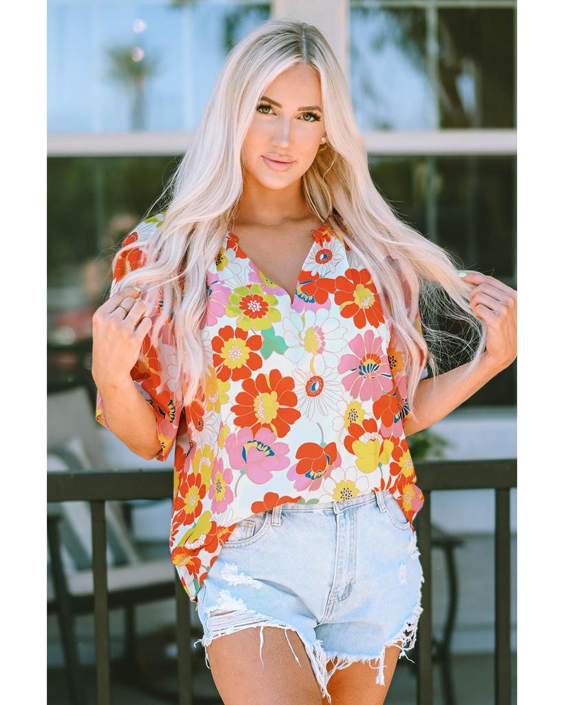 Azura Exchange Abstract Print V Neck Half Sleeve Blouse