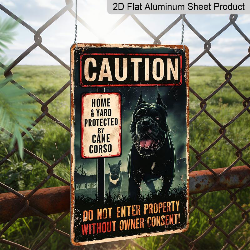 Piatto 2D, 1 pz. Cartello Vintage Cane Corso - Alluminio Metallico 12x8 Pollici "Protetto Dal Mastino Napoletano" Cartello di Avvertimento per Cani, / Decorazione da Parete per Esterni per la Casa