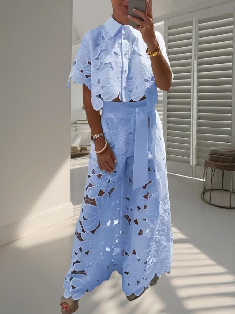2025 Summer Women's Solid Color Casual Hollow Out Cardigan & Wide Leg Pants Set