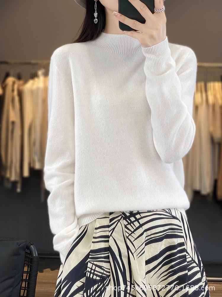 Women's 100% Wool Long-Sleeve Half-High Neck Sweater - Loose Fit, Ideal for Autumn/Winter