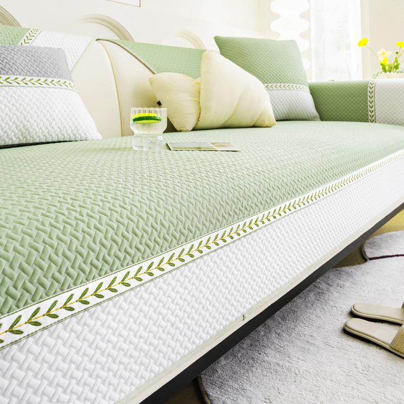 New Ice Silk Sofa Cover Summer Color Blocked Jacquard Sofa Cushion Solid Color Non-Slip Living Room Sofa Cover Protective Cover
