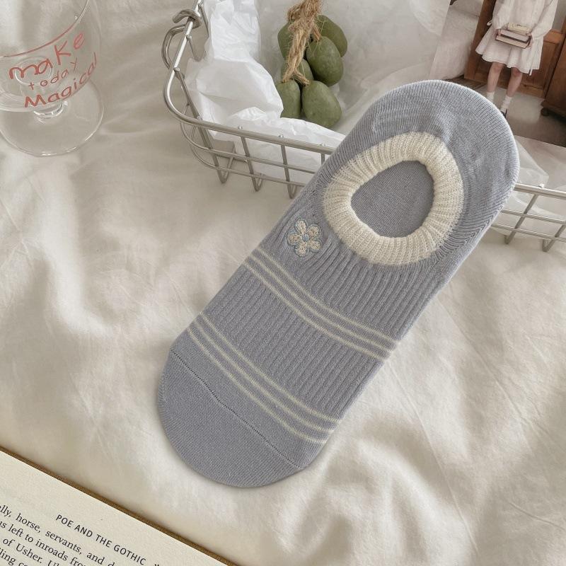 Small Floral Striped Women's Invisible Socks, Breathable Summer Lightweight Short Socks, Pure Cotton, Anti-slip, No Heel Coming Off.