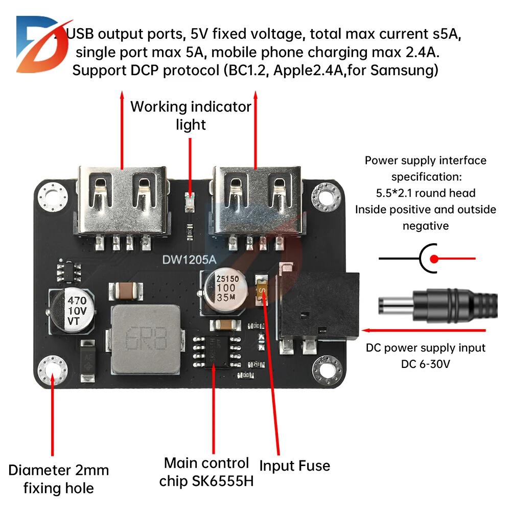 9V/12V/24V to 5V 5A charging module DC-DC step-down module car USB charger dual USB output with shell DC5.5*2.1MM