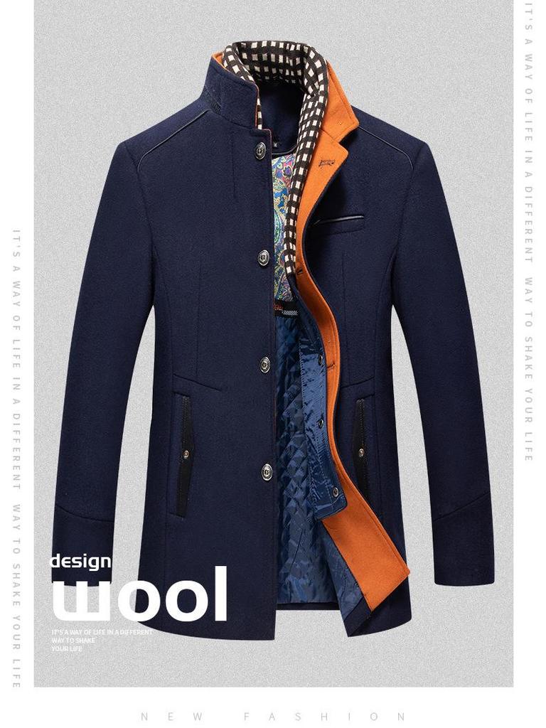 Men's European Size Wool Blend Business Overcoat with Scarf - Autumn/Winter Fashion, Wrinkle-Free Design, Cross-Border Style