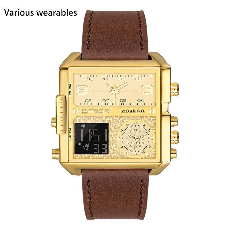 Fashion Casual Men's Watch Multi-functional Waterproof Leather Strap Electronic Watch Square Personality Large Dial