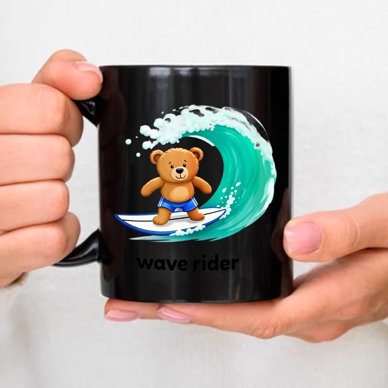 Ceramic mug with black bear surfing on waves with the text Wave Rider for coffee, tea or water at home, in the office or while чёрный