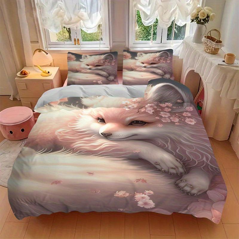 3pcs Fox, Blossom Bedding Set Down Comforter Cover and Pillowcases, Suitable for Guest Room Home Decoration All Seasons(No Insert) S0819071