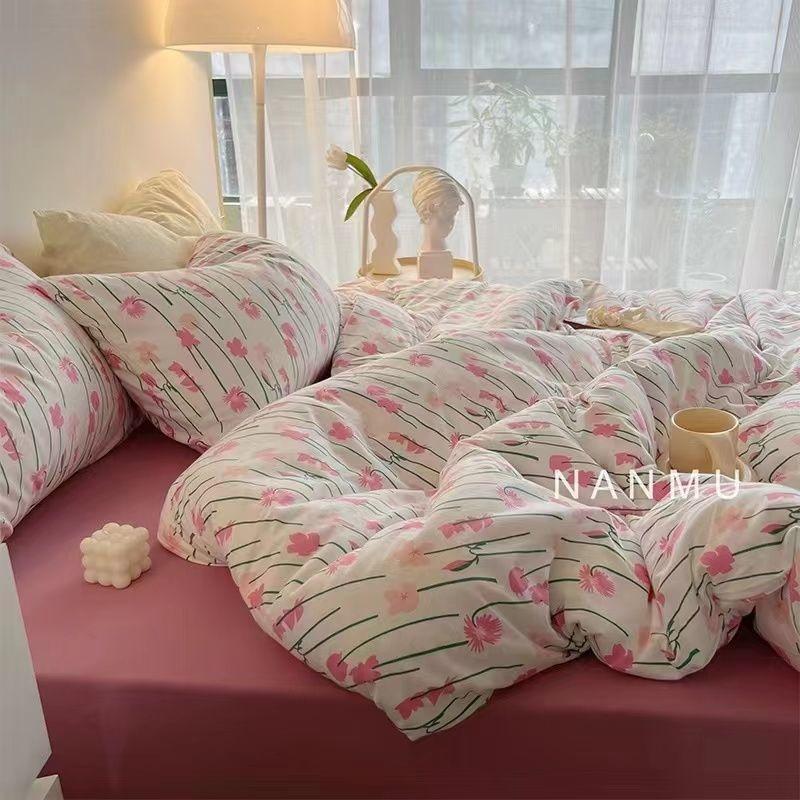INS Pink Solid Color Bedding Set Girls Boys Single Double Size Flat Sheet Duvet Cover Pillowcase Bed Linens Home Textile