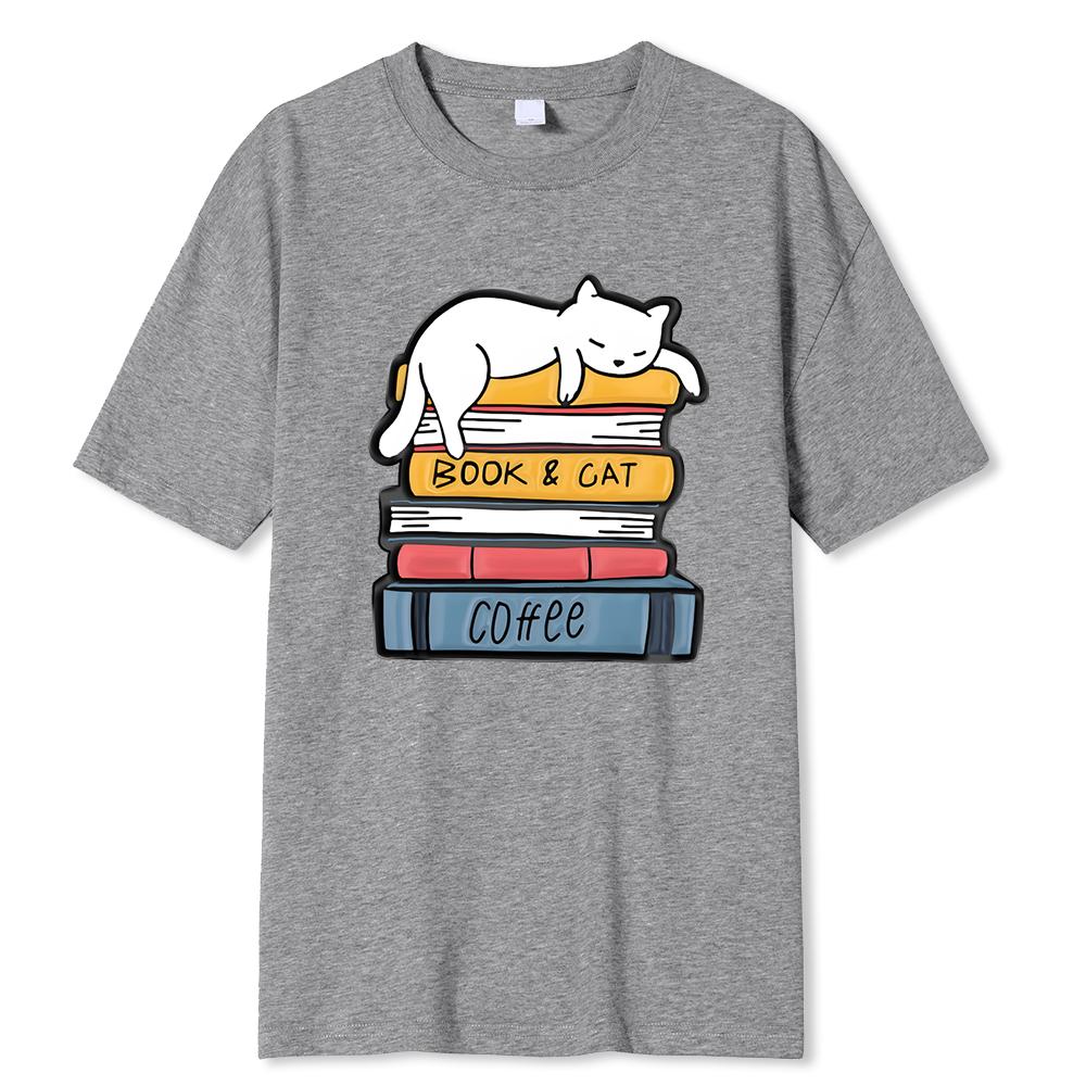 Bílá kočka spící na hromadě knih Potisk Oblečení Pánské Vysoce kvalitní Tričko Letní Bavlněná Trička Volné Topy