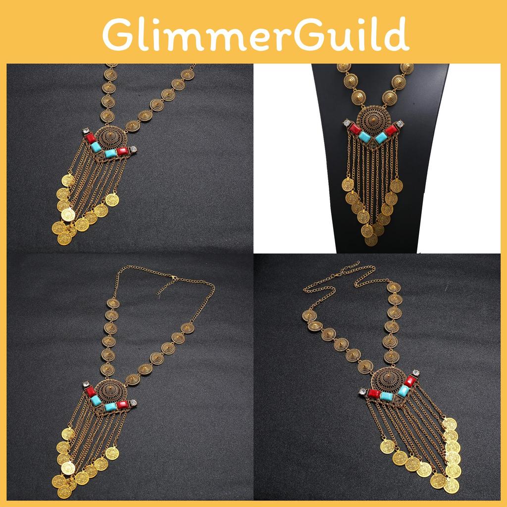 Retro Multilayer Women Coin Long Pendant Necklace With Alloy Waterfall Chain