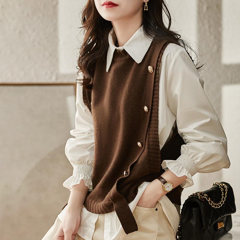 Danmon Knitted Vest for Women Sleeveless Sweater Vest Retro Knit Tank-Top Korean Female Autumn and Winter Knit Pullover