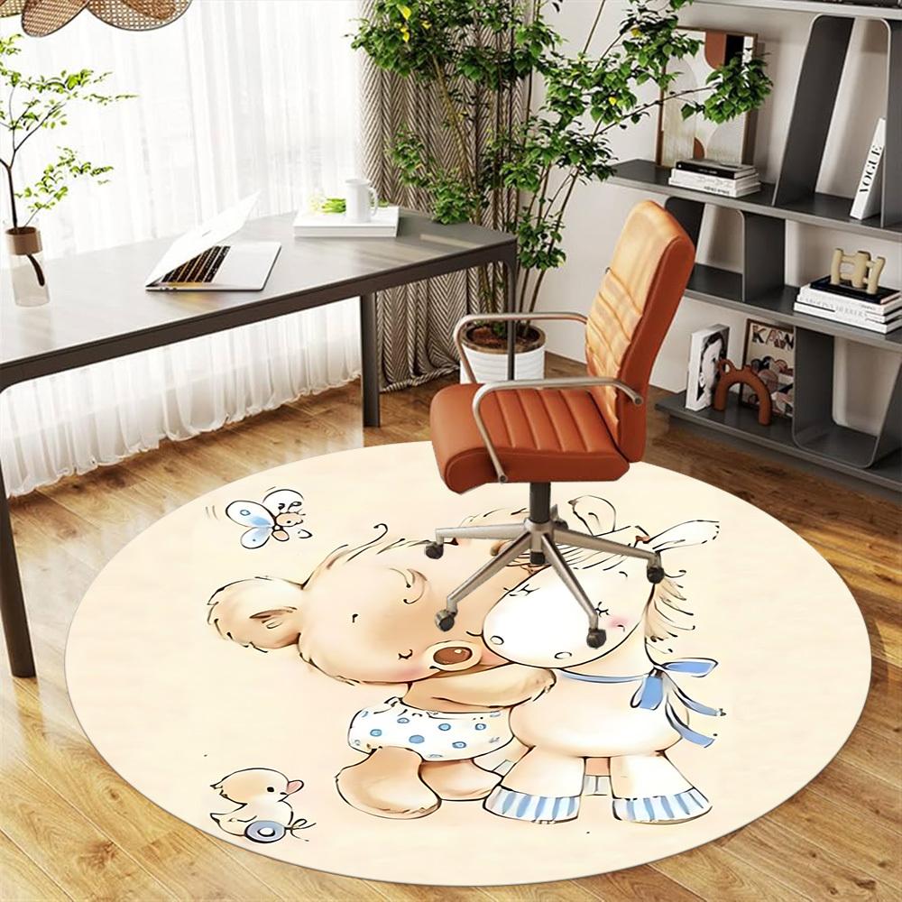 1 szt. mata podłogowa okrągła z misiem i koniem, dywanik do pokoju - antypoślizgowa, mata podłogowa do biura, sypialni i wystroju wnętrz c1125169