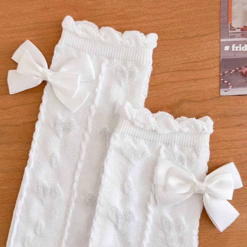 Girls Knee High Long Socks White Color Princess Love Bow Calf Socks Spring Summer Thin Mesh Breathable Kids Stockings 3-8Years