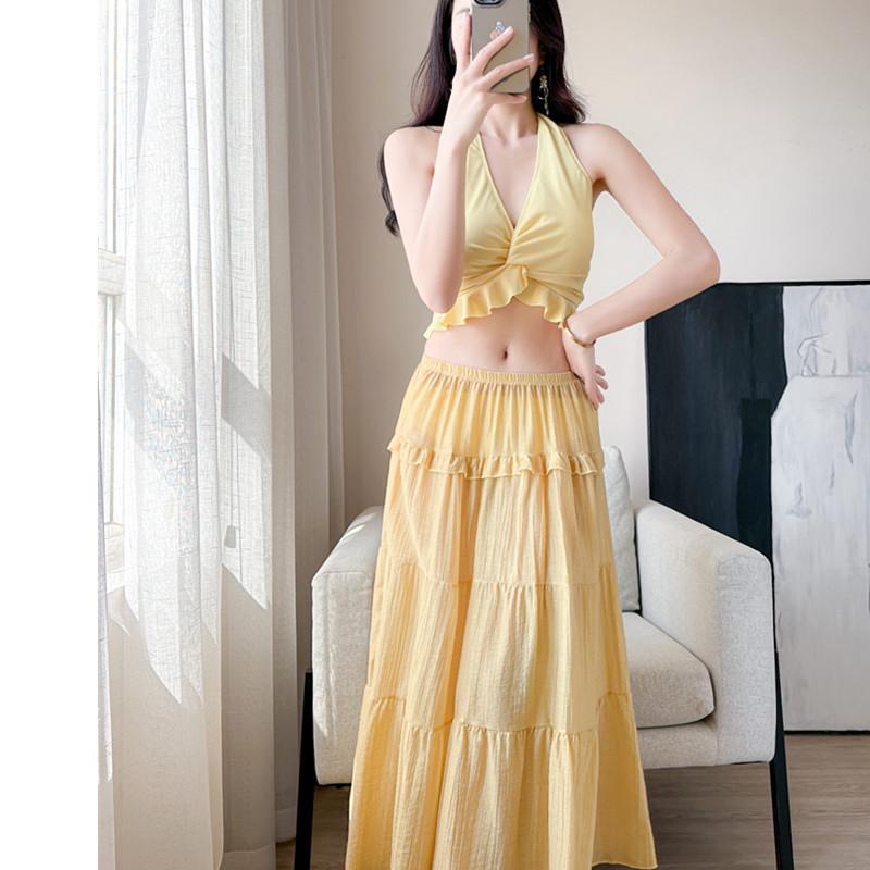 

V-Neck High-Waist Swimsuit & Long Skirt Cover-up: Sexy Sanya Vacation Set M fits 95-105 jin