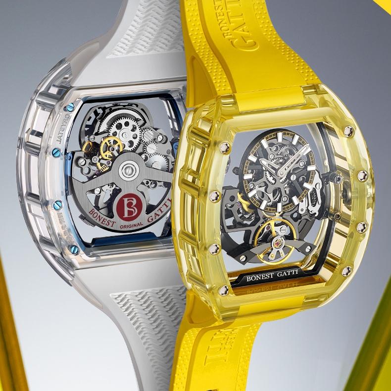 Bonest Gatti Uhren Herren-Armbanduhr, doppelt ausgehöhlt, automatische mechanische Uhr, Acryl-Tourbillon-Uhr