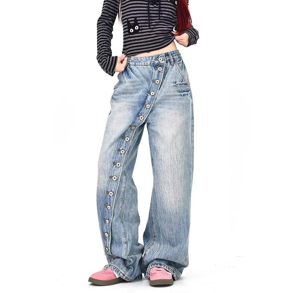Large size American retro washed diagonal placket button jeans men's and women's design casual floor pants blue