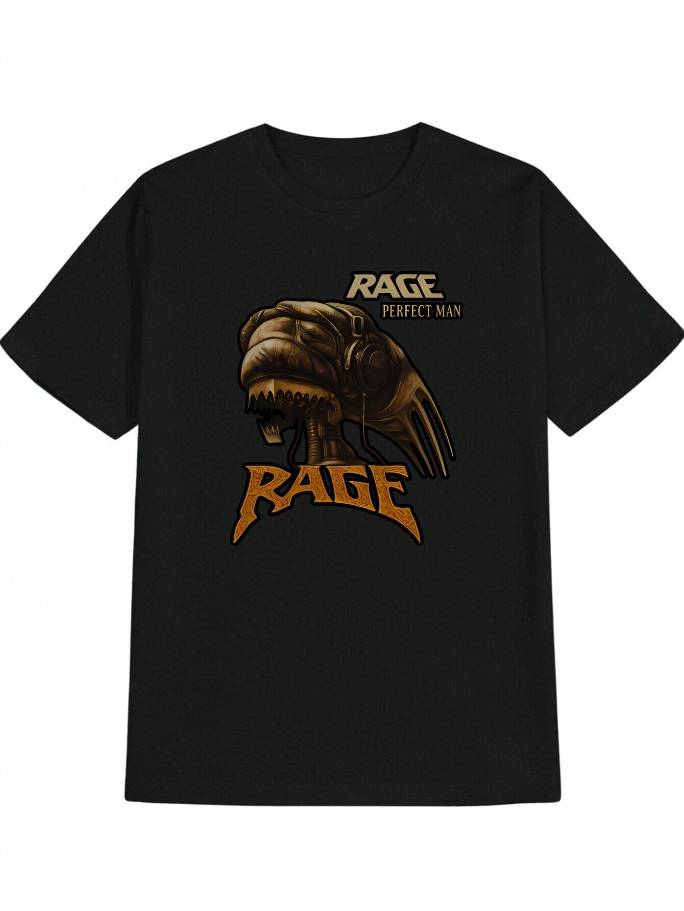 Casual Crew Neck T-shirt with Skull and  RAGE  Print - Black S