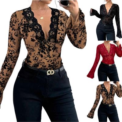 Women's V-neck Lace Mesh Flared Sleeve T-shirt Top