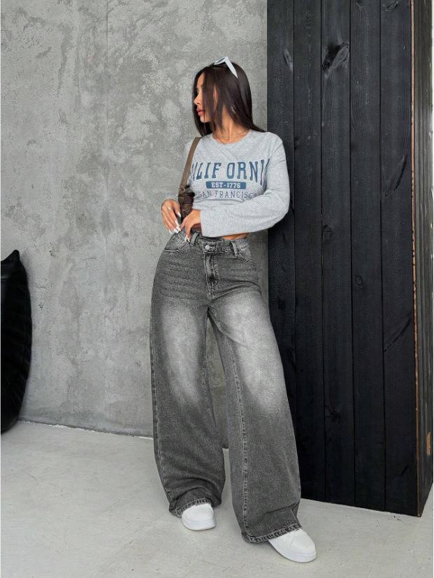 2026 Spring/Summer SHEIN PETITE Women s Thick Denim Wide-Leg Pants X-Large серый
