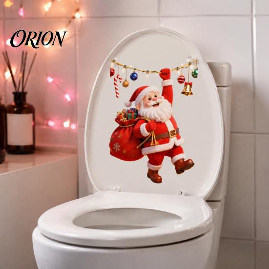 Decorative Glass Stickers for Christmas Cartoon Santa Claus Toilet Seat Sticker, Waterproof PVC & Colorful Wall Lights Decal, Removable Lid