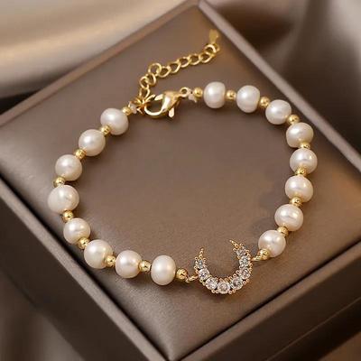 100% Natural Freshwater Pearl Fashion Shiny Crystal Moon 14K Gold Filled Ladies Bracelet  For Women Valentine's Day Gifts