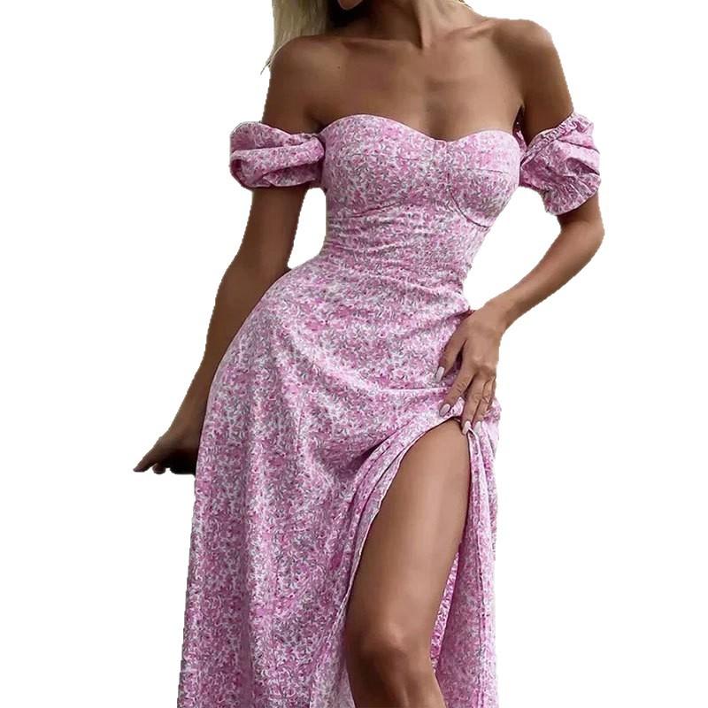 Women's clothing, new spring models in Europe, America, one-word shoulder floral sexy split-ended slim dress